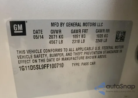 2015 Chevrolet Malibu 2Lt z USA, uszkodzony, nr VIN 1G11D5SL9FF100710